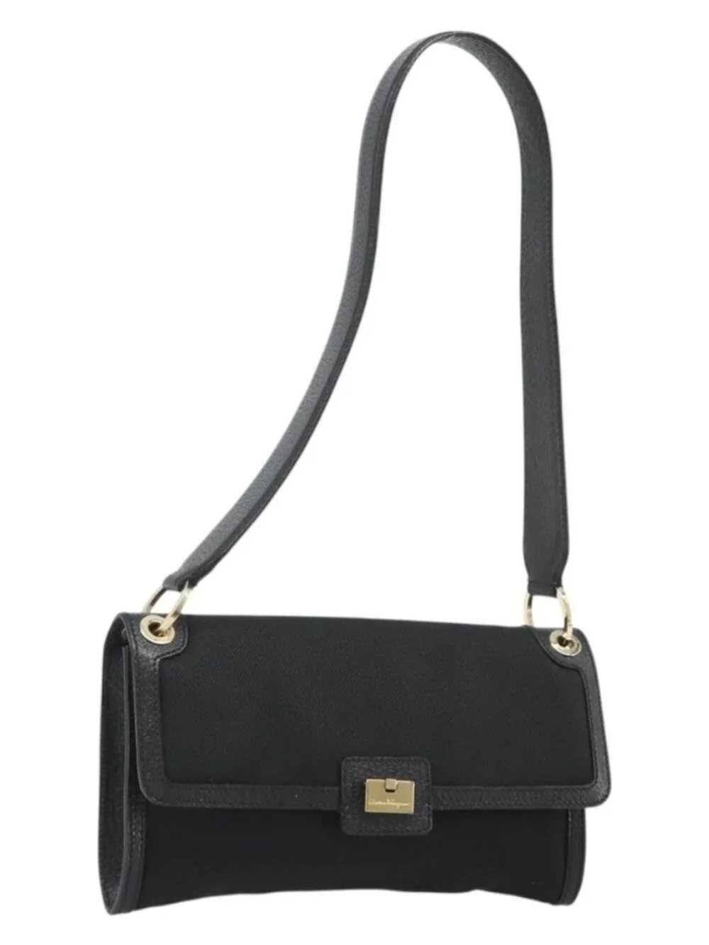 Salvatore Ferragamo Shoulder Bag Canvas Black Gold Auth BA13524V